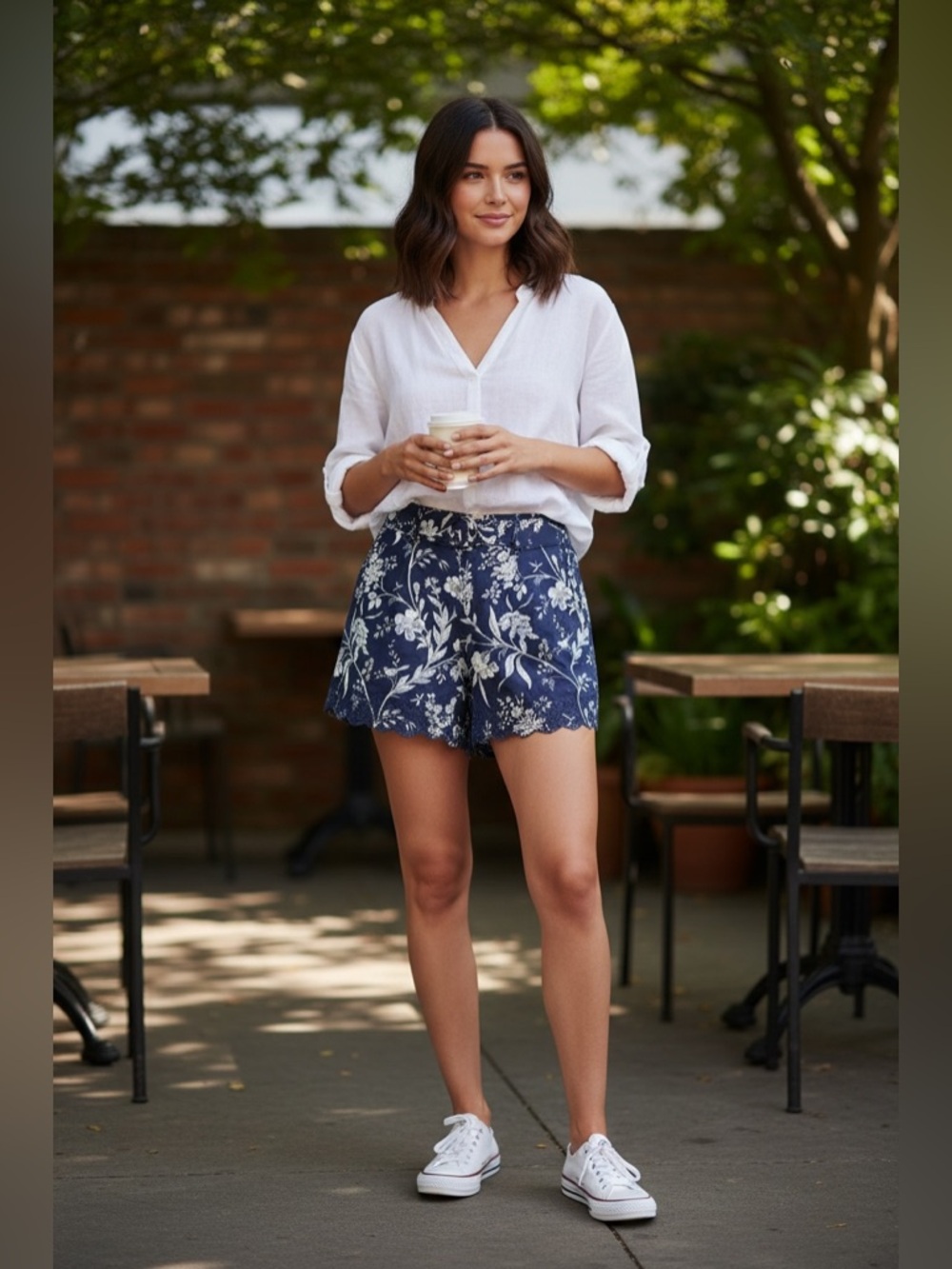 Laura Ashley Floral Scallop Eyelet Hem Women's Shorts Matching Belt Navy & White
